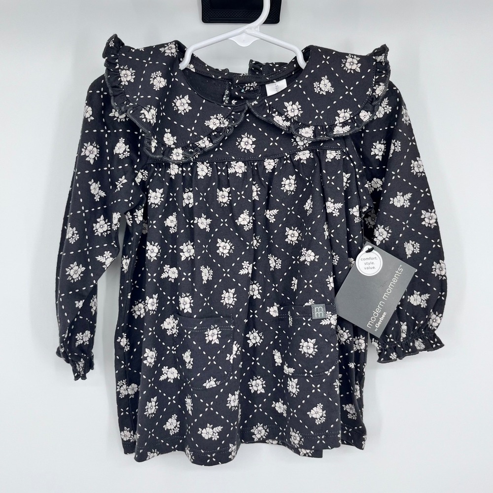 Modern Moments Floral Ruffle Dress Girls 12M Dark Grey Peter Pan Collar Prairie